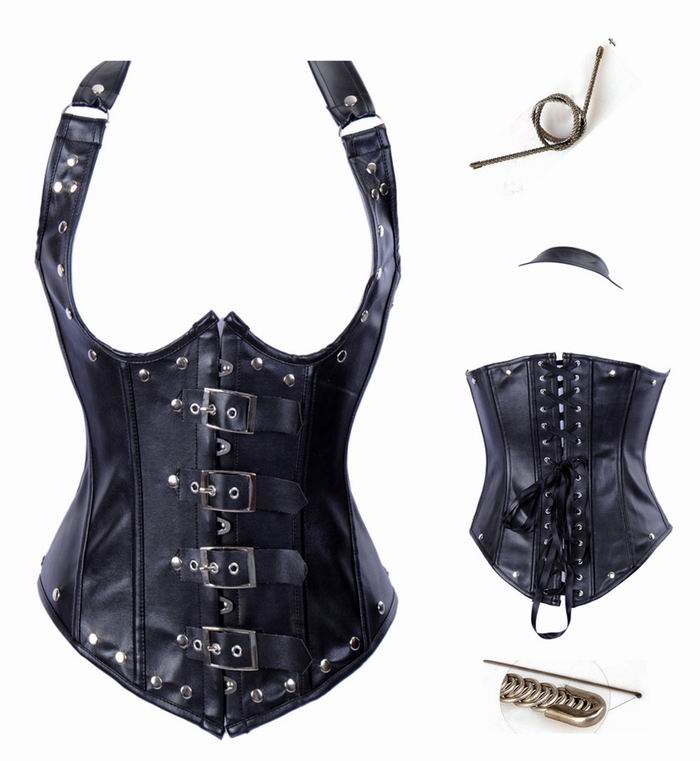 Elegant Buckle Faux Leather Corset Black With Metal Bones